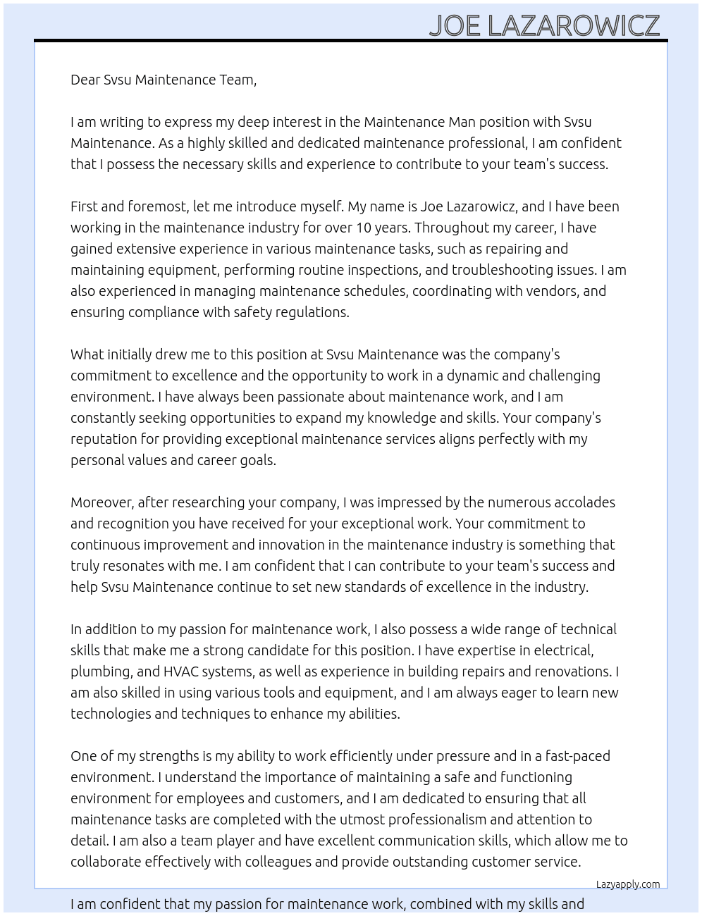 Maintenance man At Svsu maintenance  Cover Letter