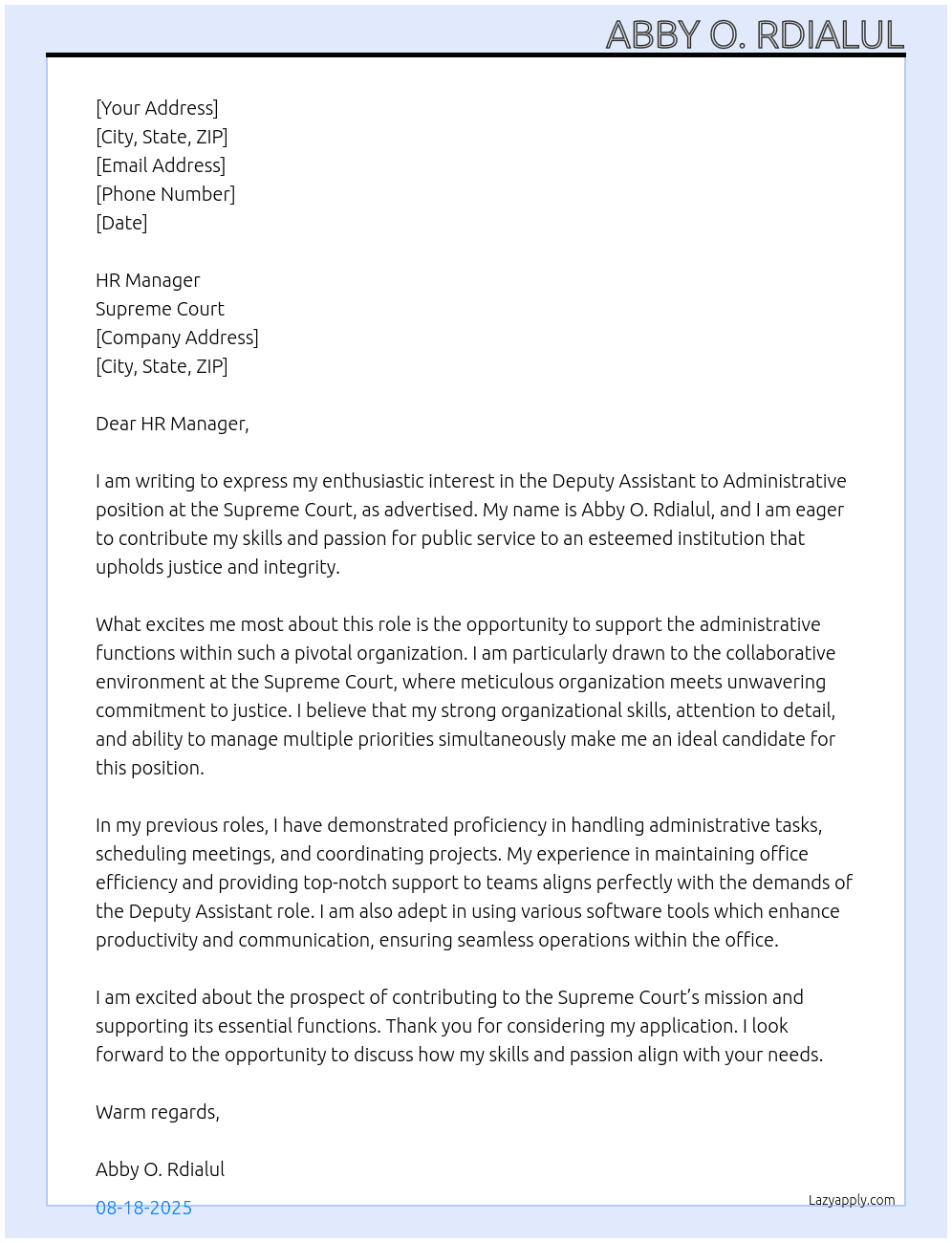 Cover letter for deputy assistant to adminstrative - LazyApply