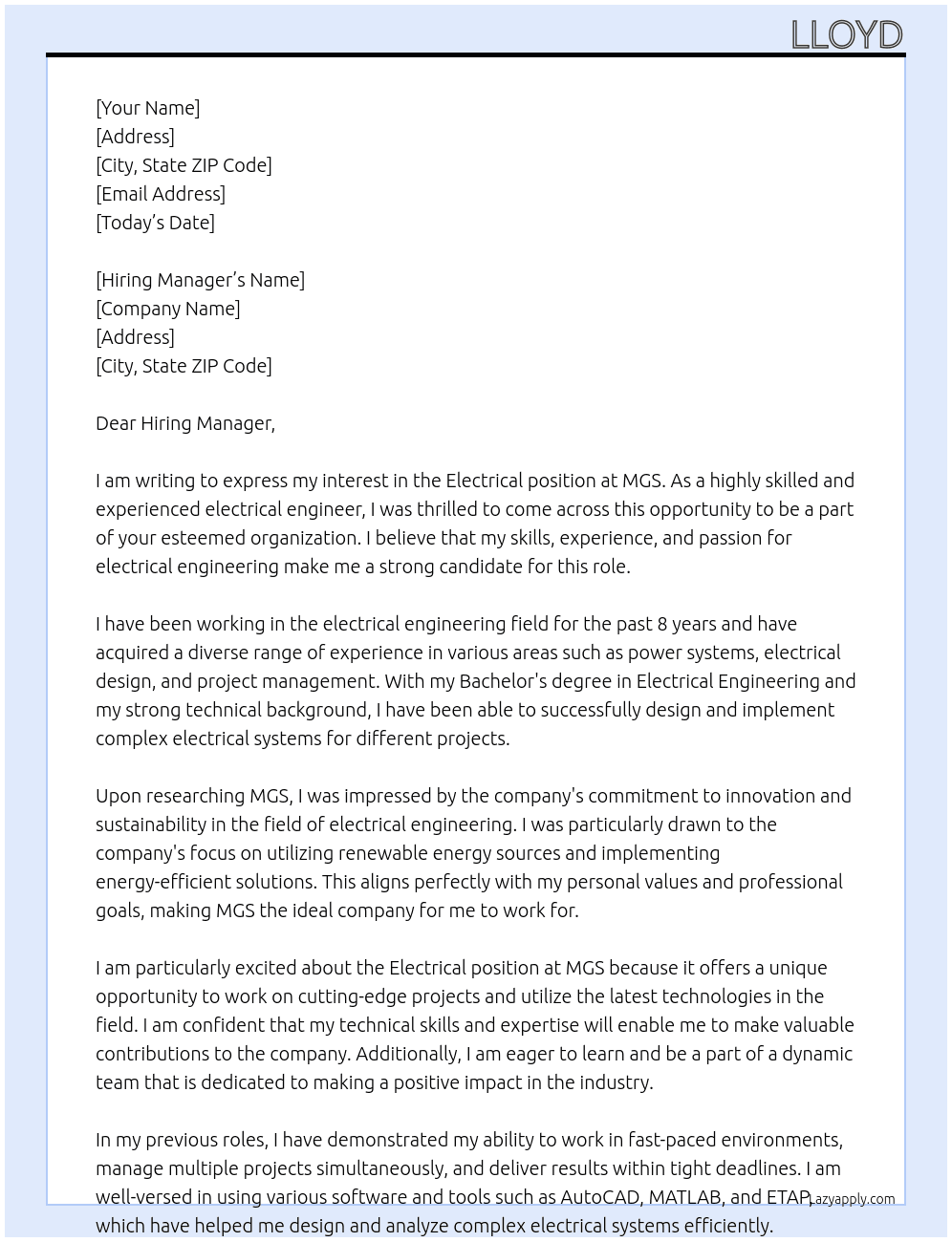 Electrical  At MGS  Cover Letter