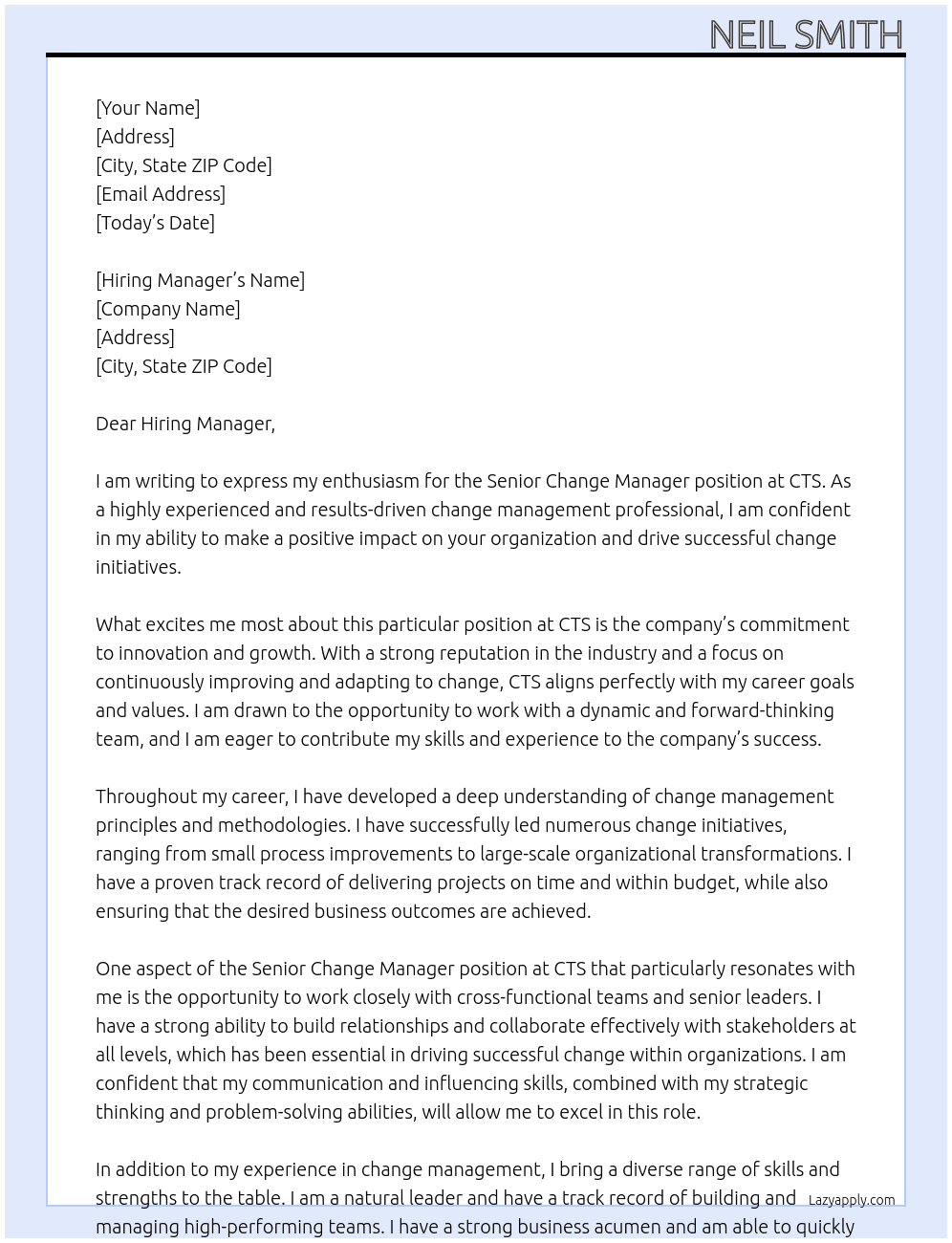 Senior Change Manager At CTS Cover Letter