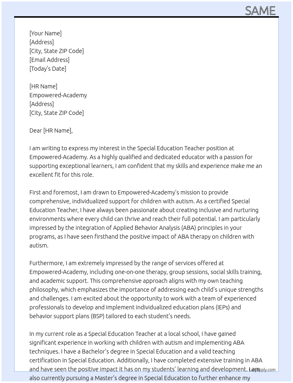 Special Education Teacher At Empowered-Academy  Cover Letter