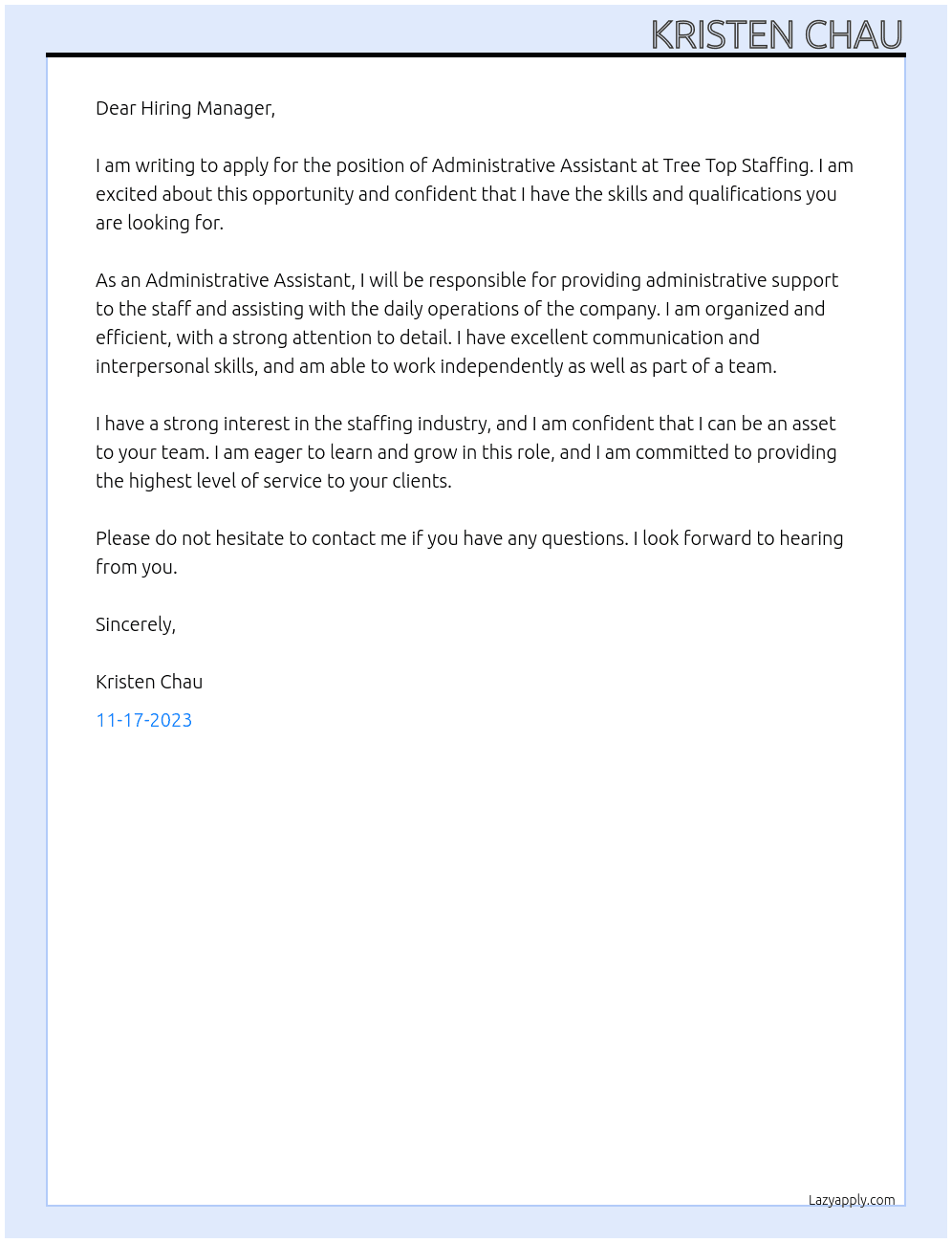 Administrative Assistant At Tree Top Staffing Cover Letter