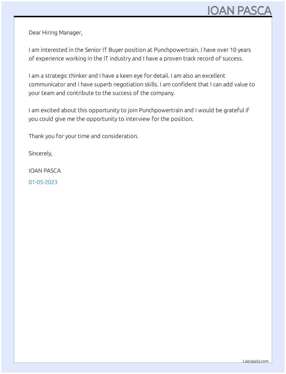 Senior IT Buyer At Punchpowertrain Cover Letter