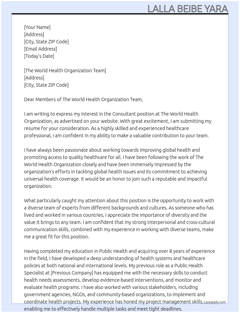 Consultant  At Th world health organization Cover Letter