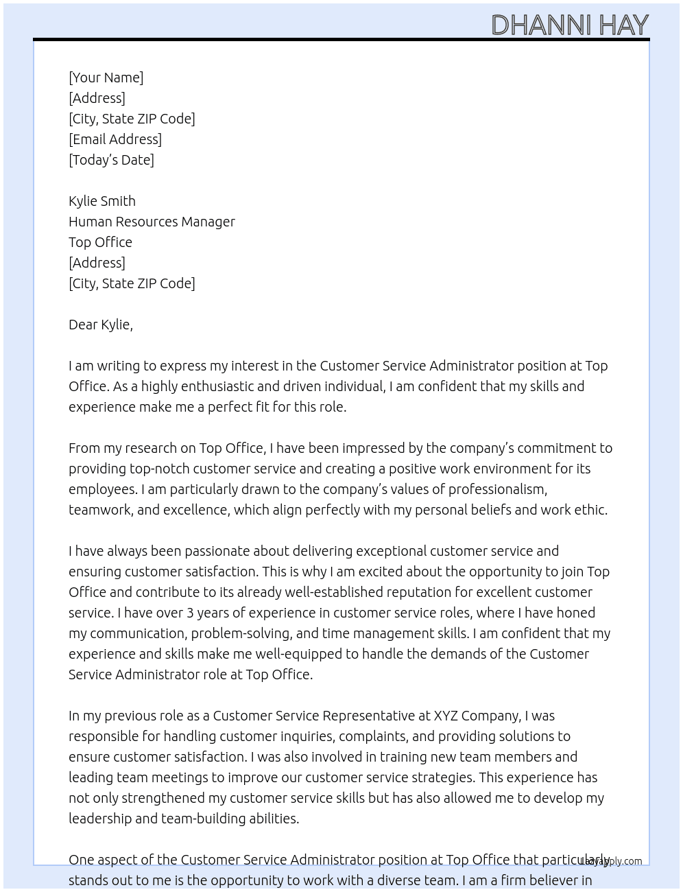 Customer Service Administrator At Top Office Cover Letter