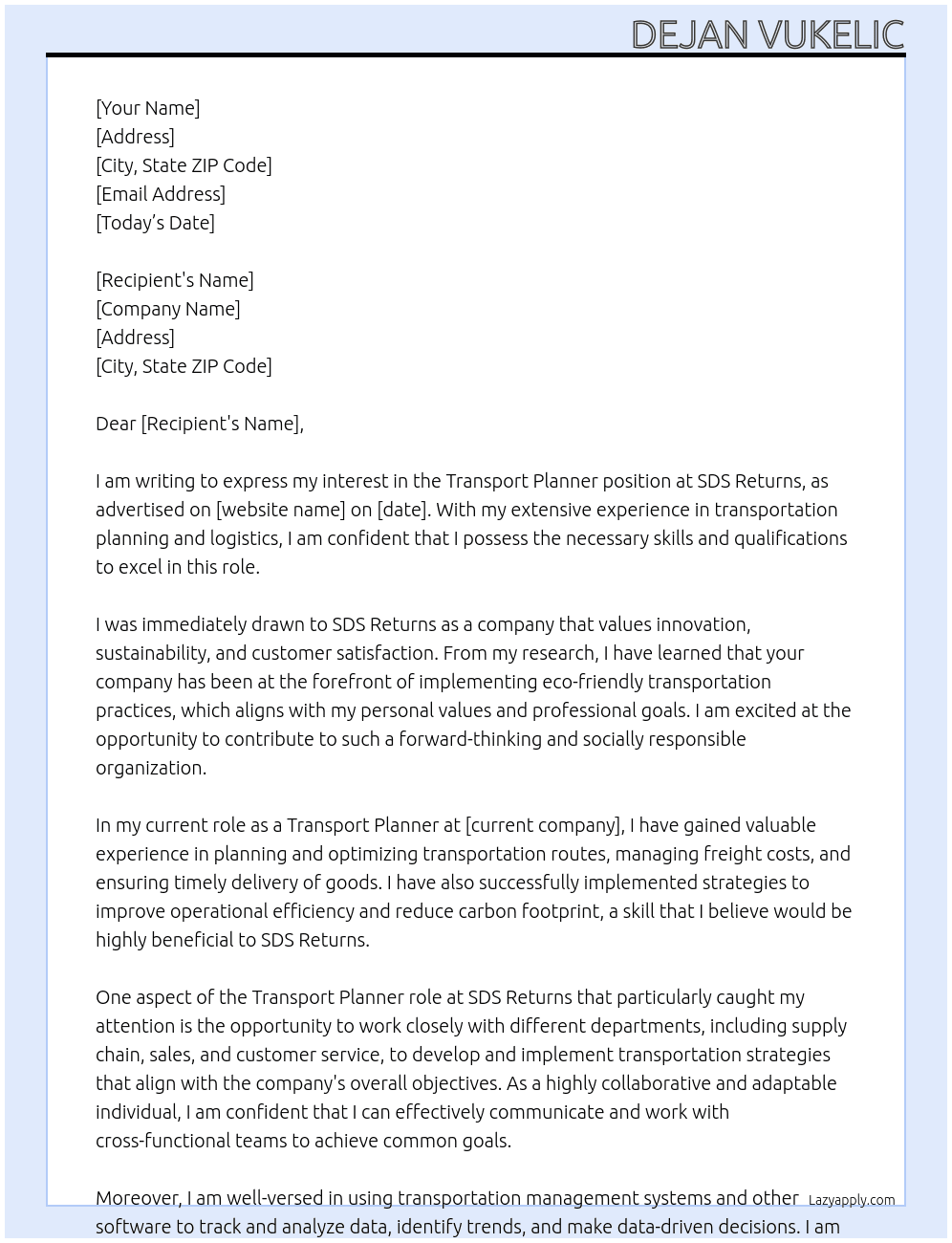 Transport Planner At SDS Returns Cover Letter