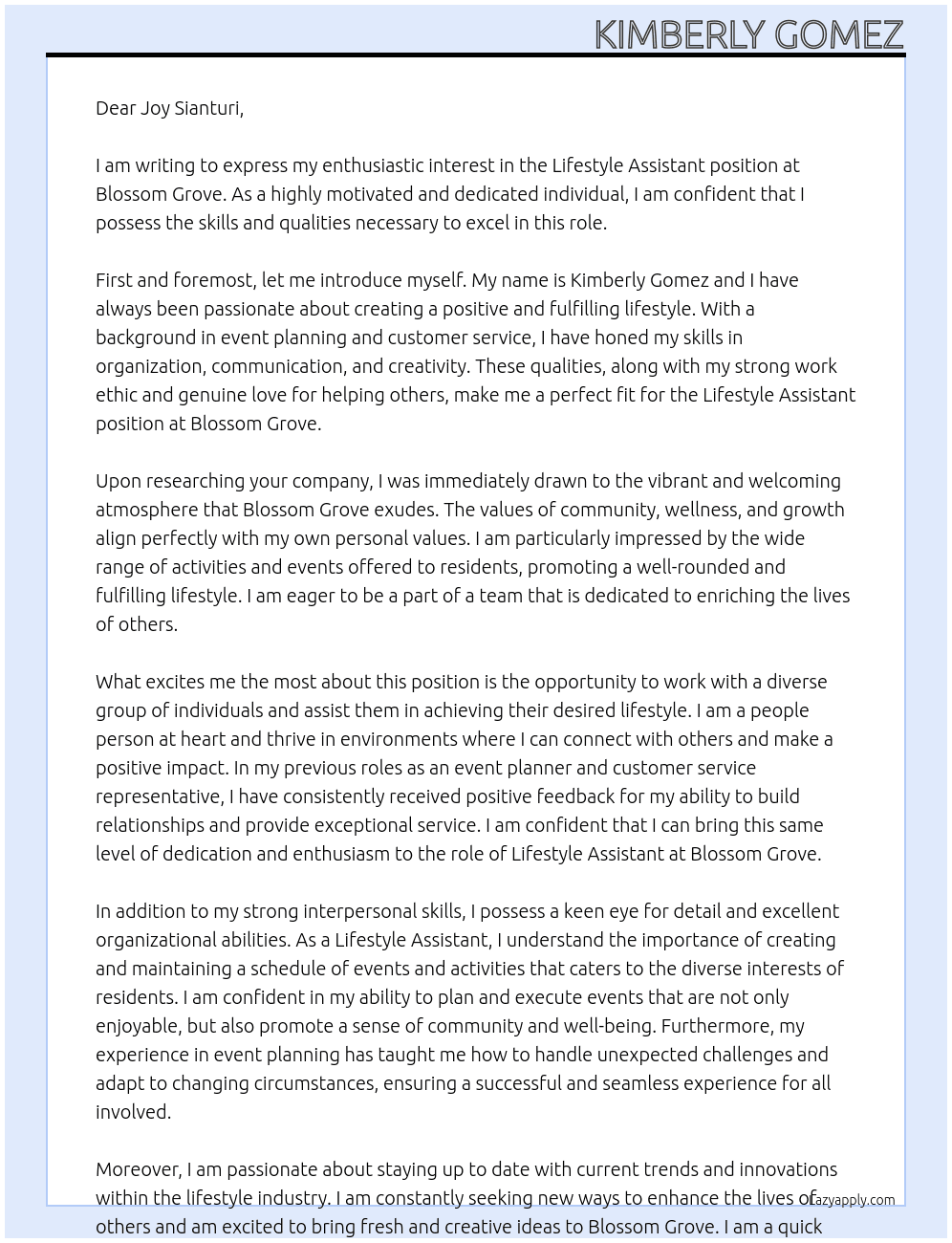 Lifestyle Assistant  At Blossom Grove   Cover Letter