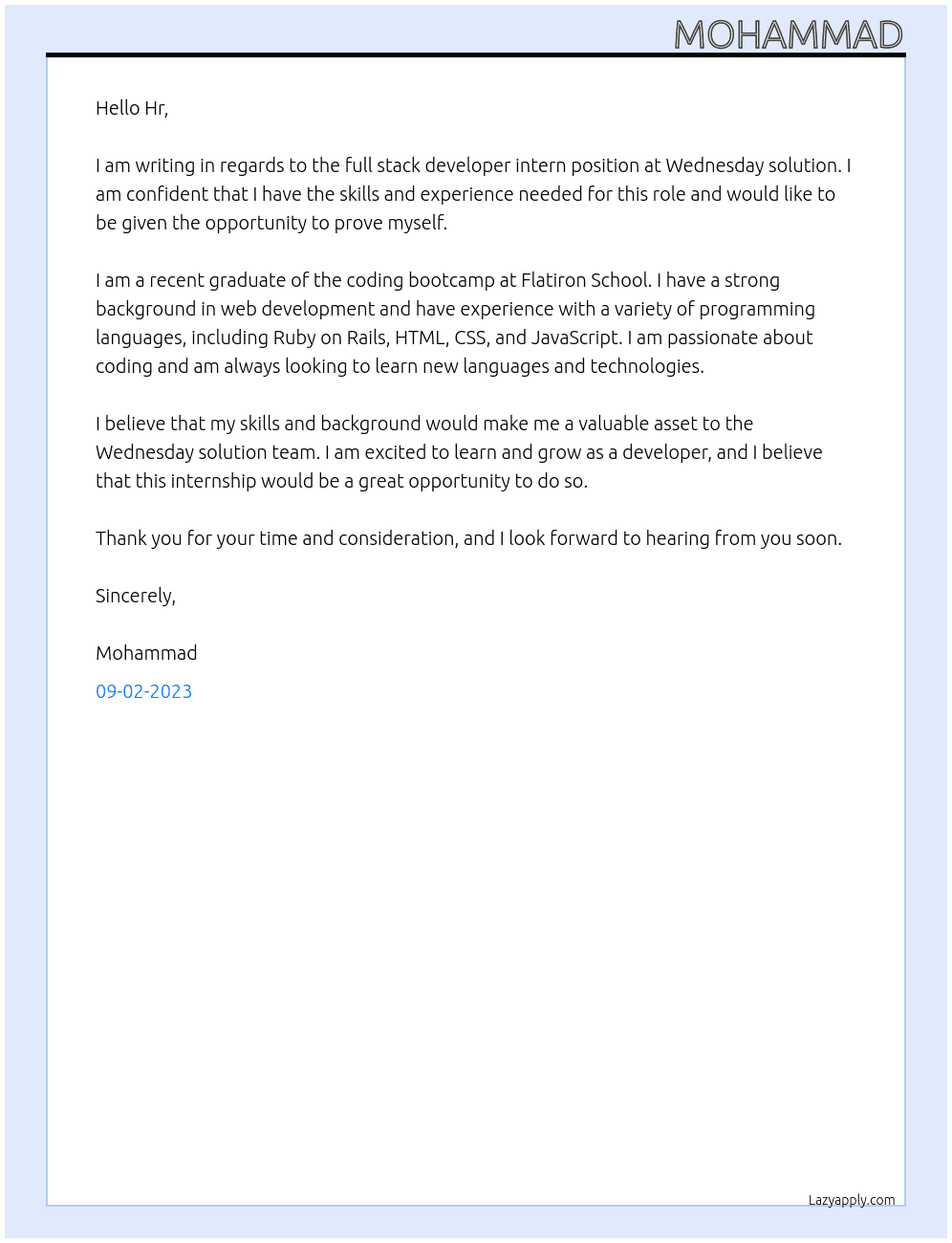 full stack developer intern At Wednesday solution Cover Letter