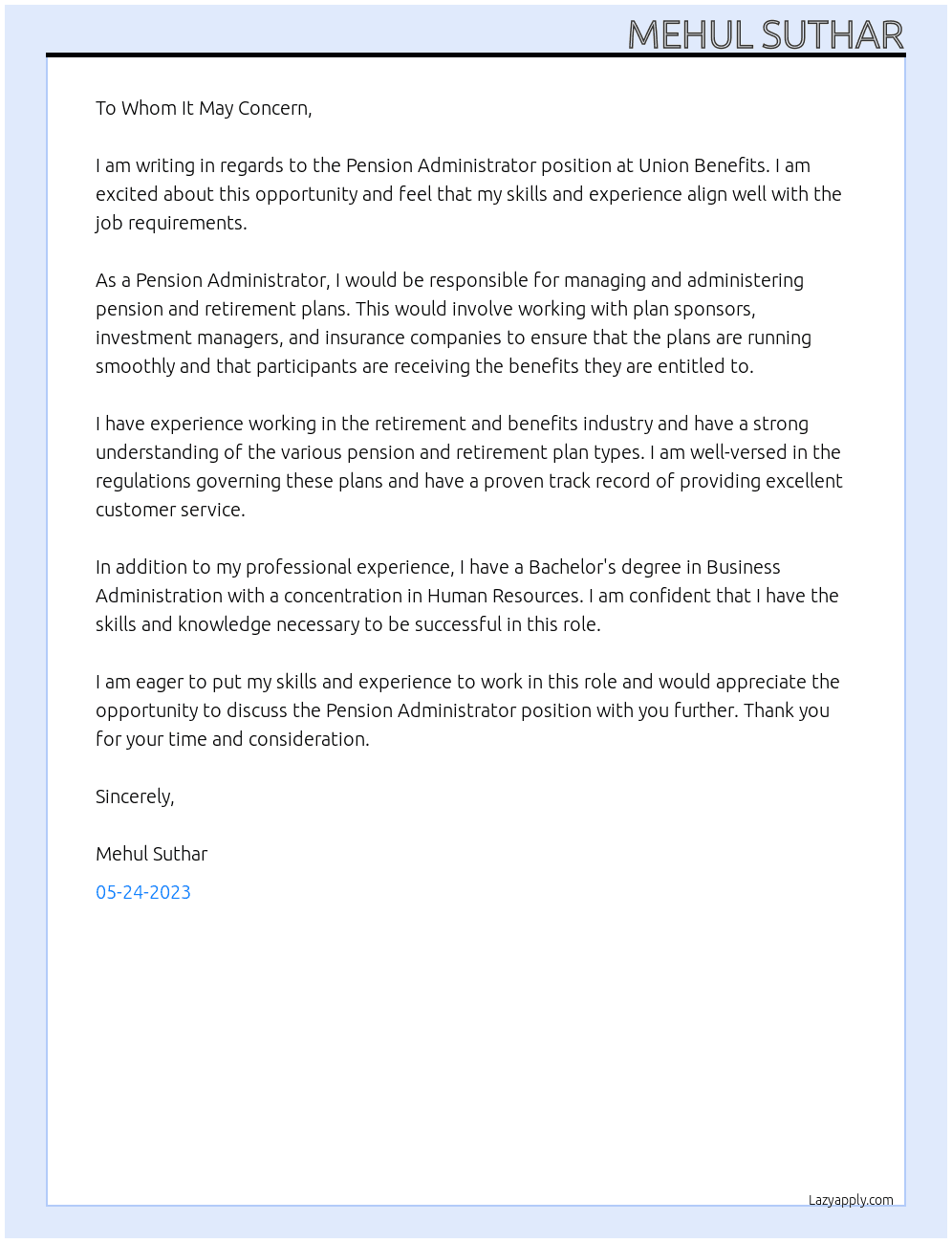 Pension Administrator At Union Benefits Cover Letter