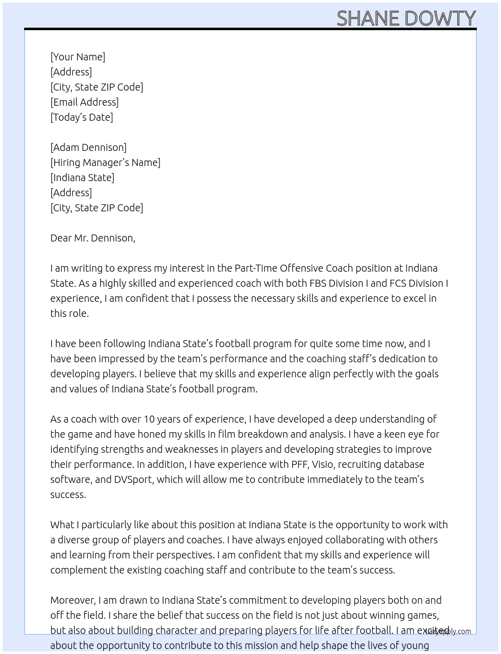 Part-Time Offensive Coach At Indiana State Cover Letter