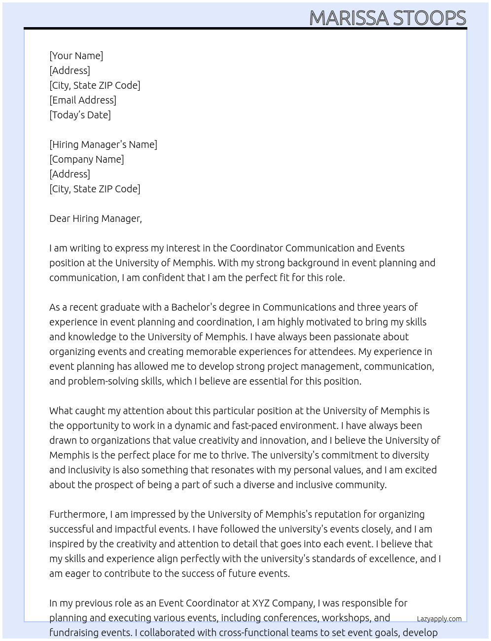 Coordinator Communication and Events At University of Memphis Cover Letter