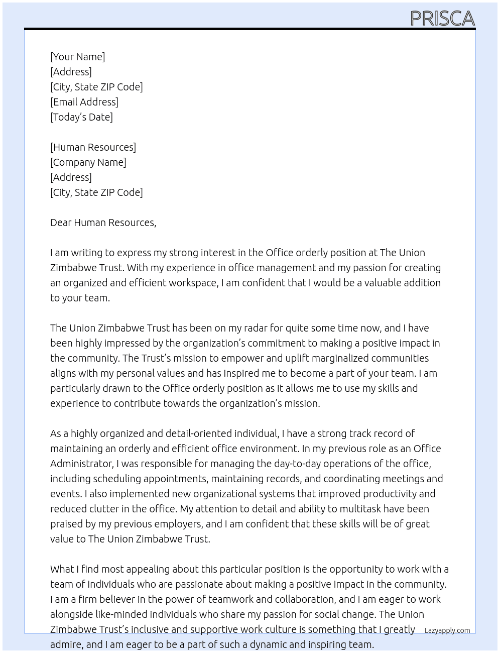 Office orderly At The Union Zimbabwe Trust Cover Letter