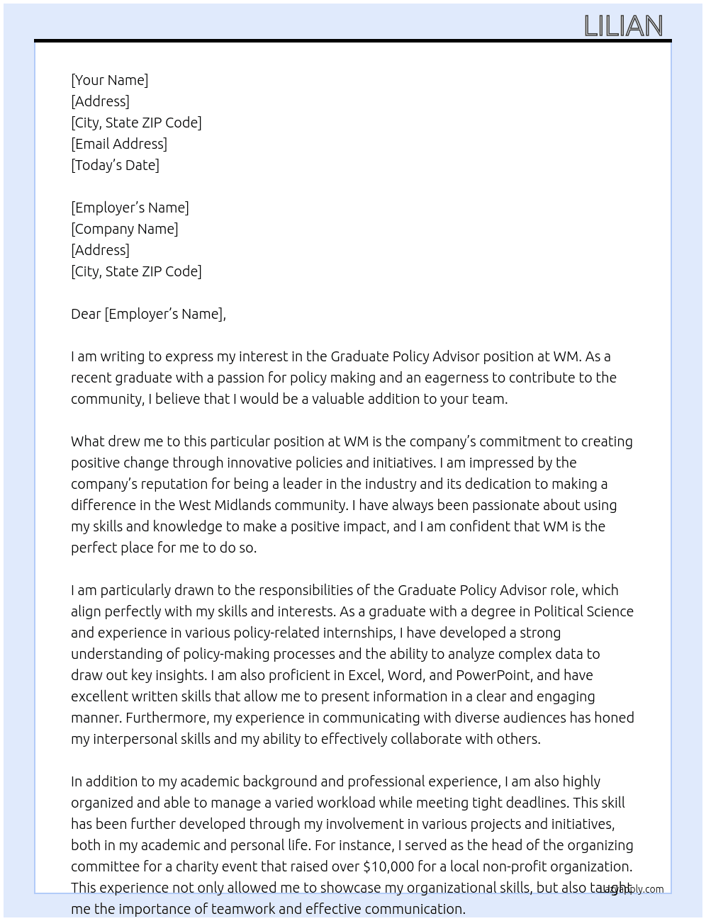 Graduate policy advisor At WM Cover Letter