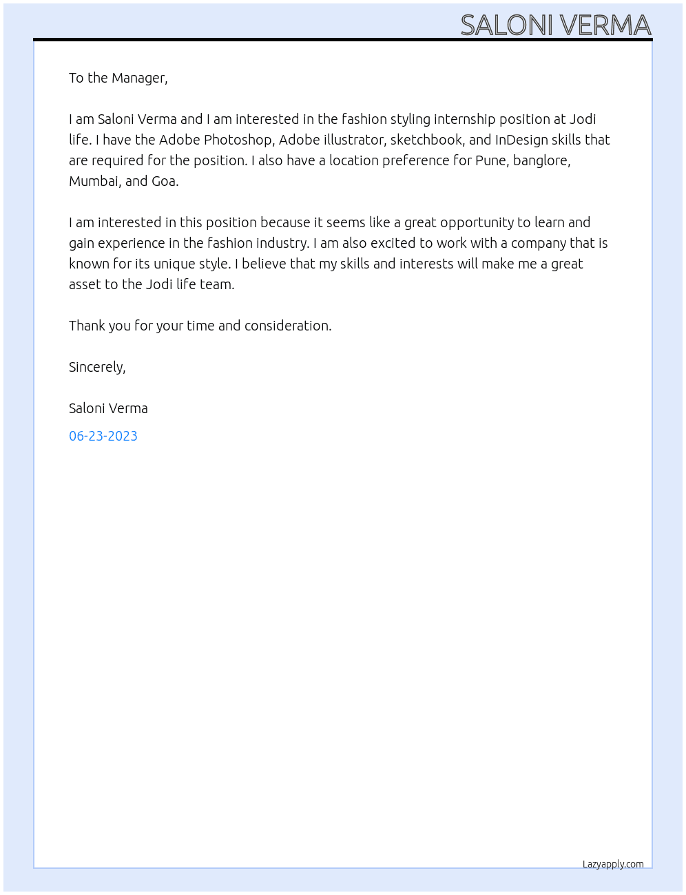 Fashion styling  At Jodi life  Cover Letter