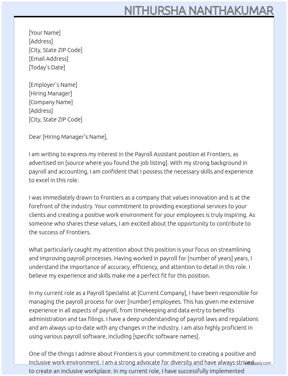 payroll assistant At frontiers Cover Letter