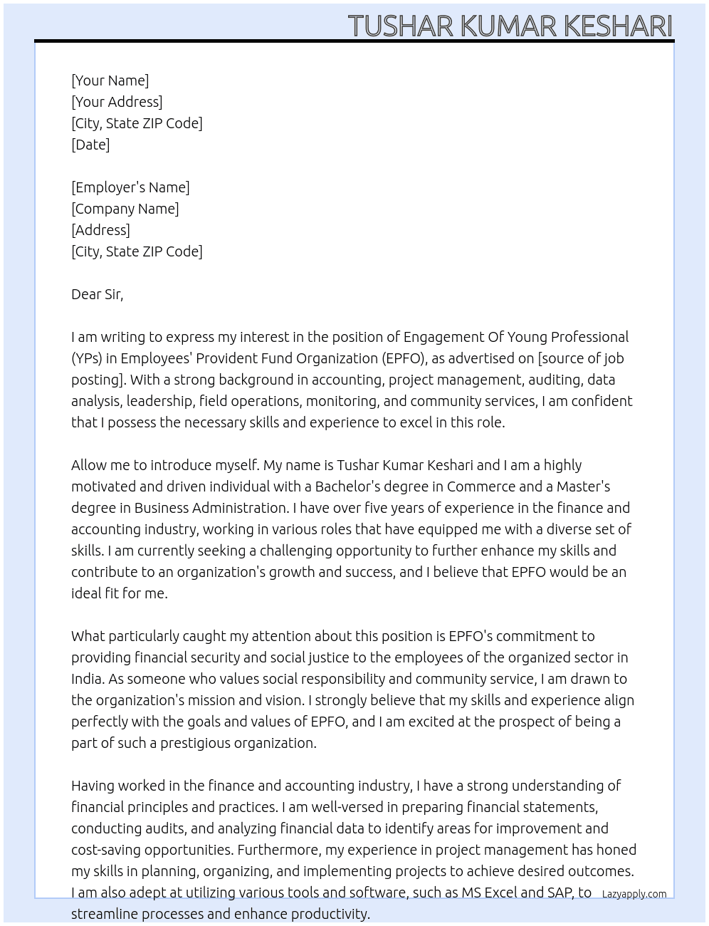Engagement Of Young Professional (YPs) In EPFO At Employees Provided Fund Organization Cover Letter