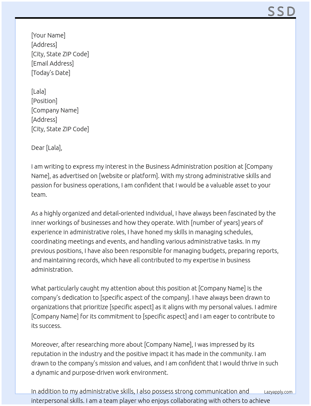 busnisse adminstration At ads Cover Letter