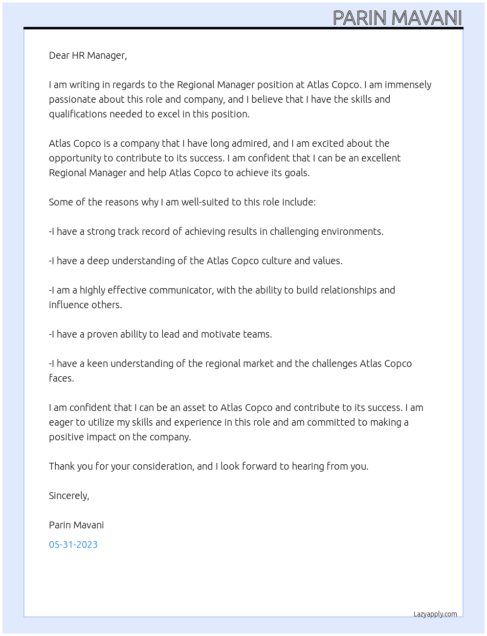 Regional manager At Atlas Copco Cover Letter