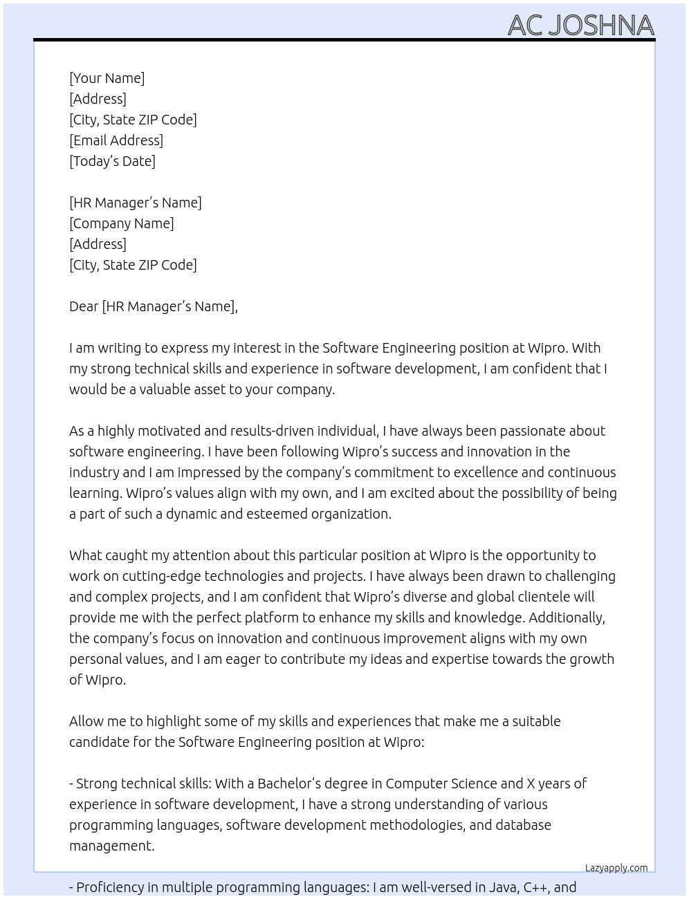 Software Engineering At Wipro Cover Letter