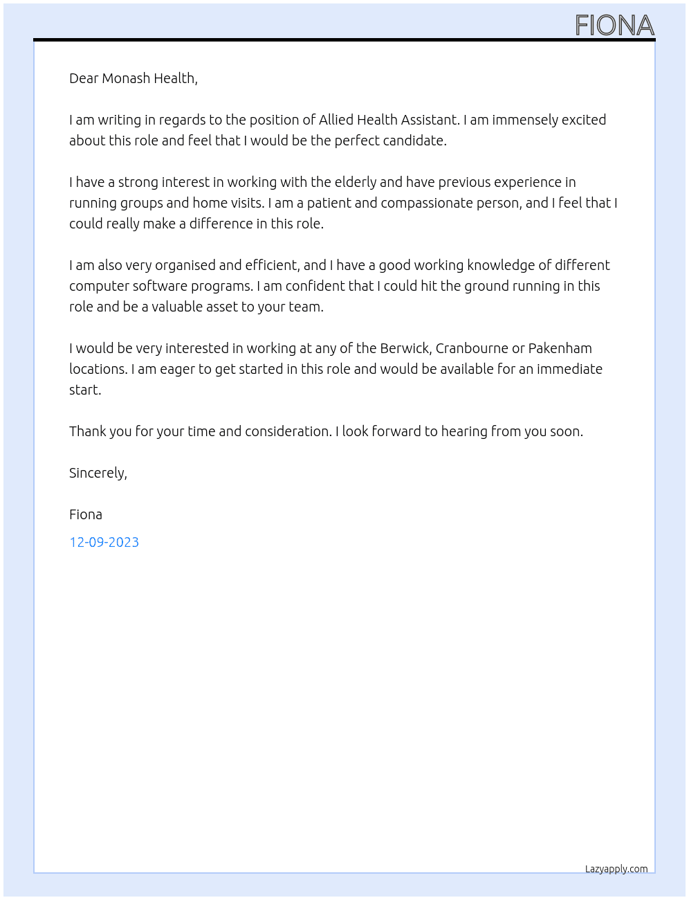 Allied health assistant  At Monash Health  Cover Letter