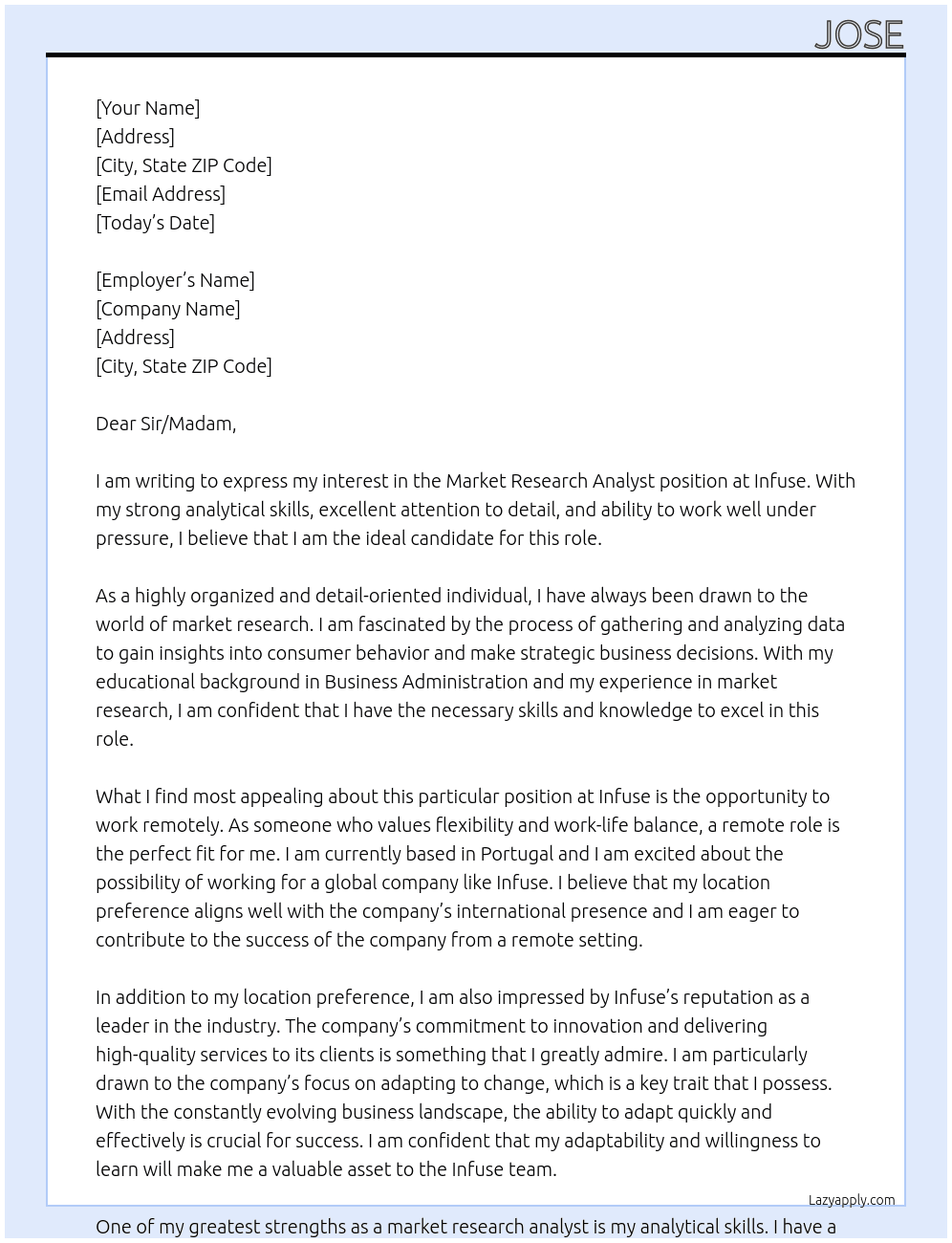 Market research analyst At Infuse Cover Letter