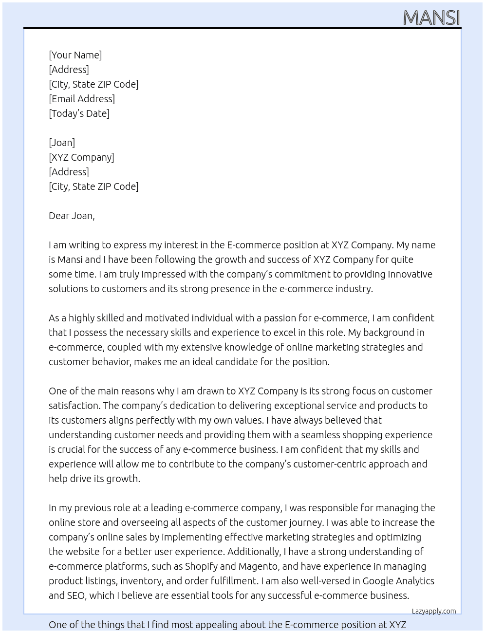 e commerce At xYZ Cover Letter
