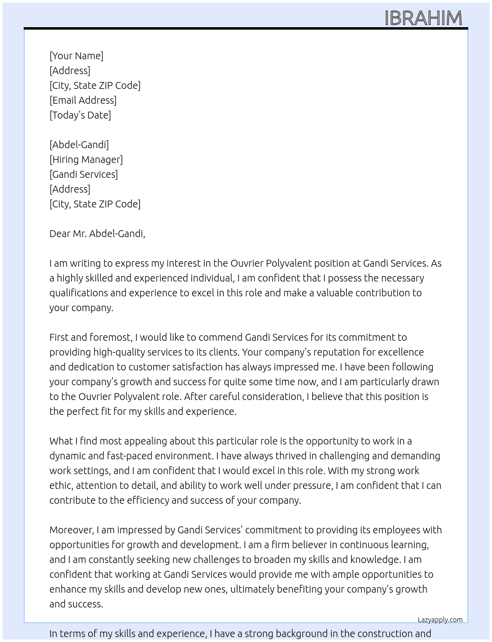 Ouvrier Polyvalent  At Gandi Services  Cover Letter