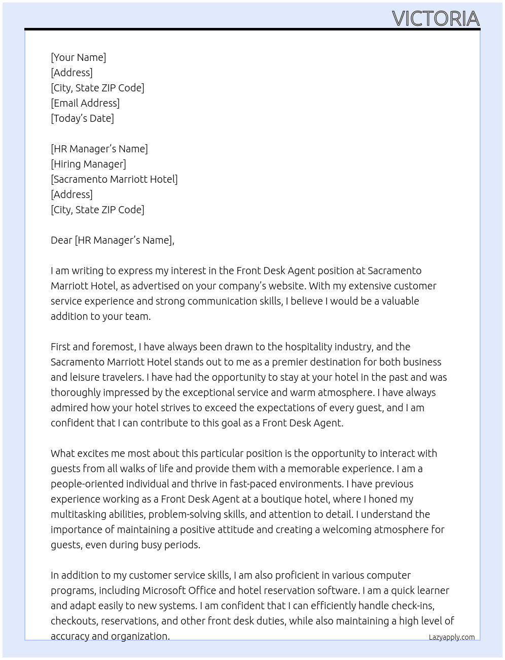 Front Desk Agenf  At Sacramento Marriott hotel  Cover Letter
