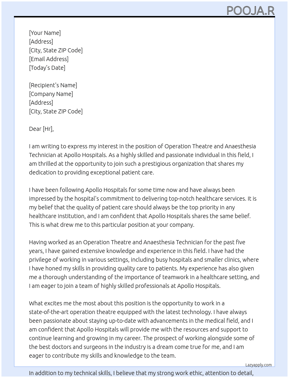 Operation theatre and anaesthesia technician  At Apollo hospitals  Cover Letter
