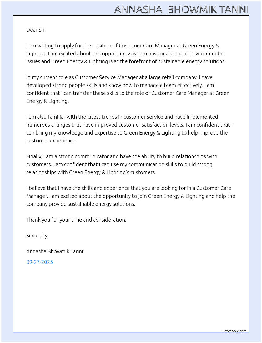 Customer Care Manager  At Green energy & Lighting Cover Letter