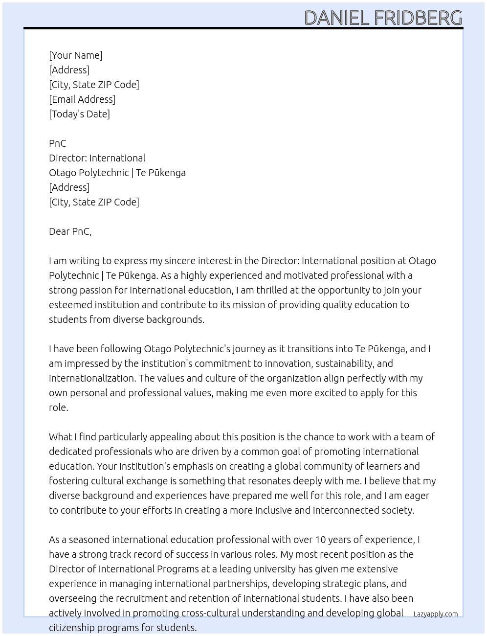 Director: International At Otago Polytechnic | Te Pūkenga Cover Letter
