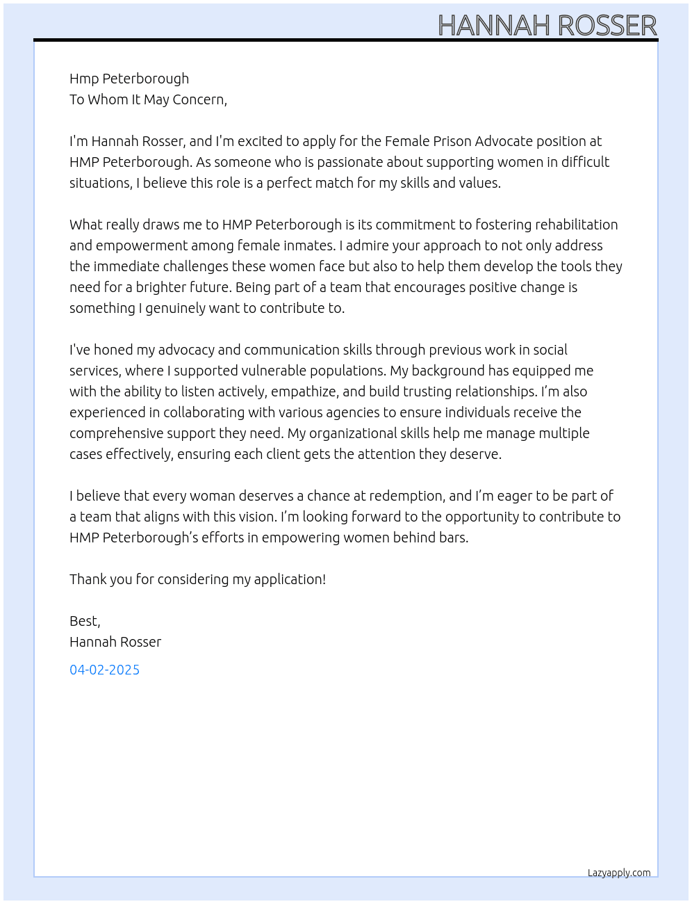 Female prison advocate At Hmp peterborough  Cover Letter