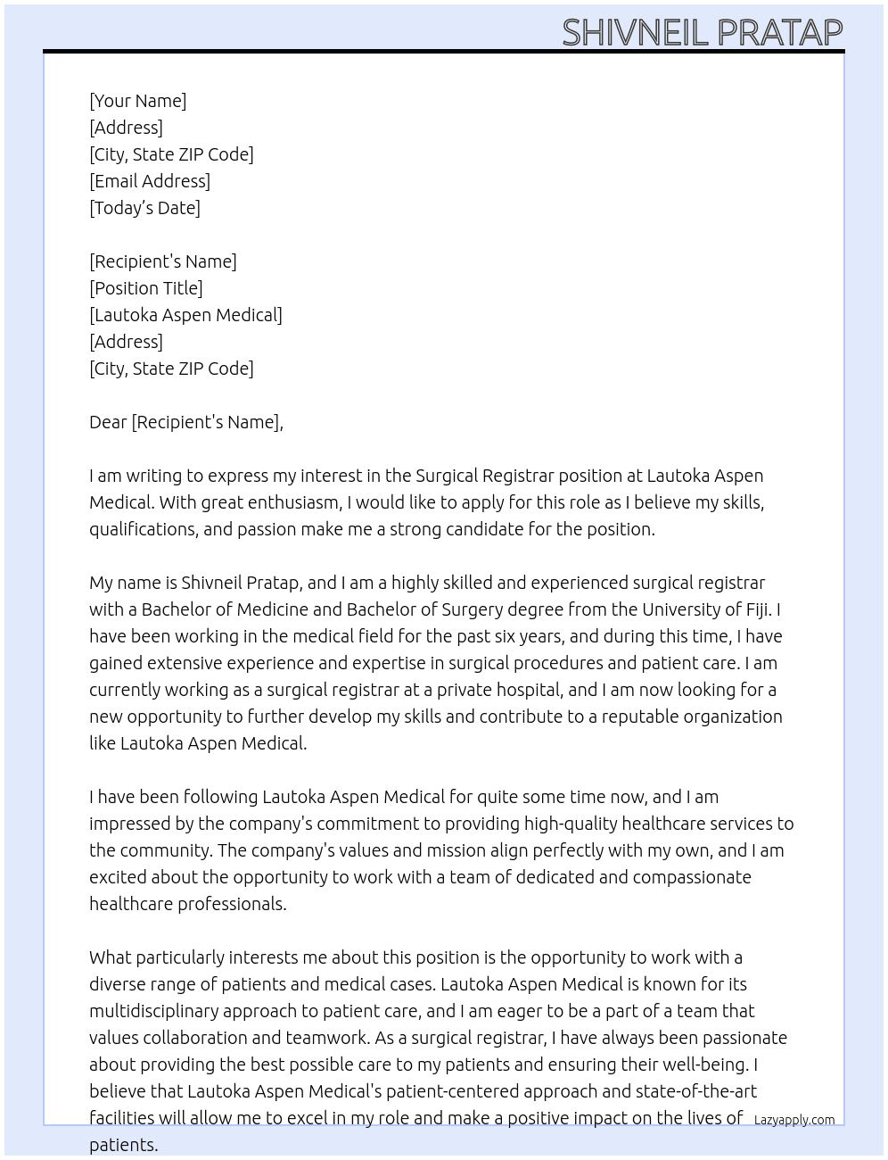Surgical Registrar At Lautoka Aspen Medical Cover Letter