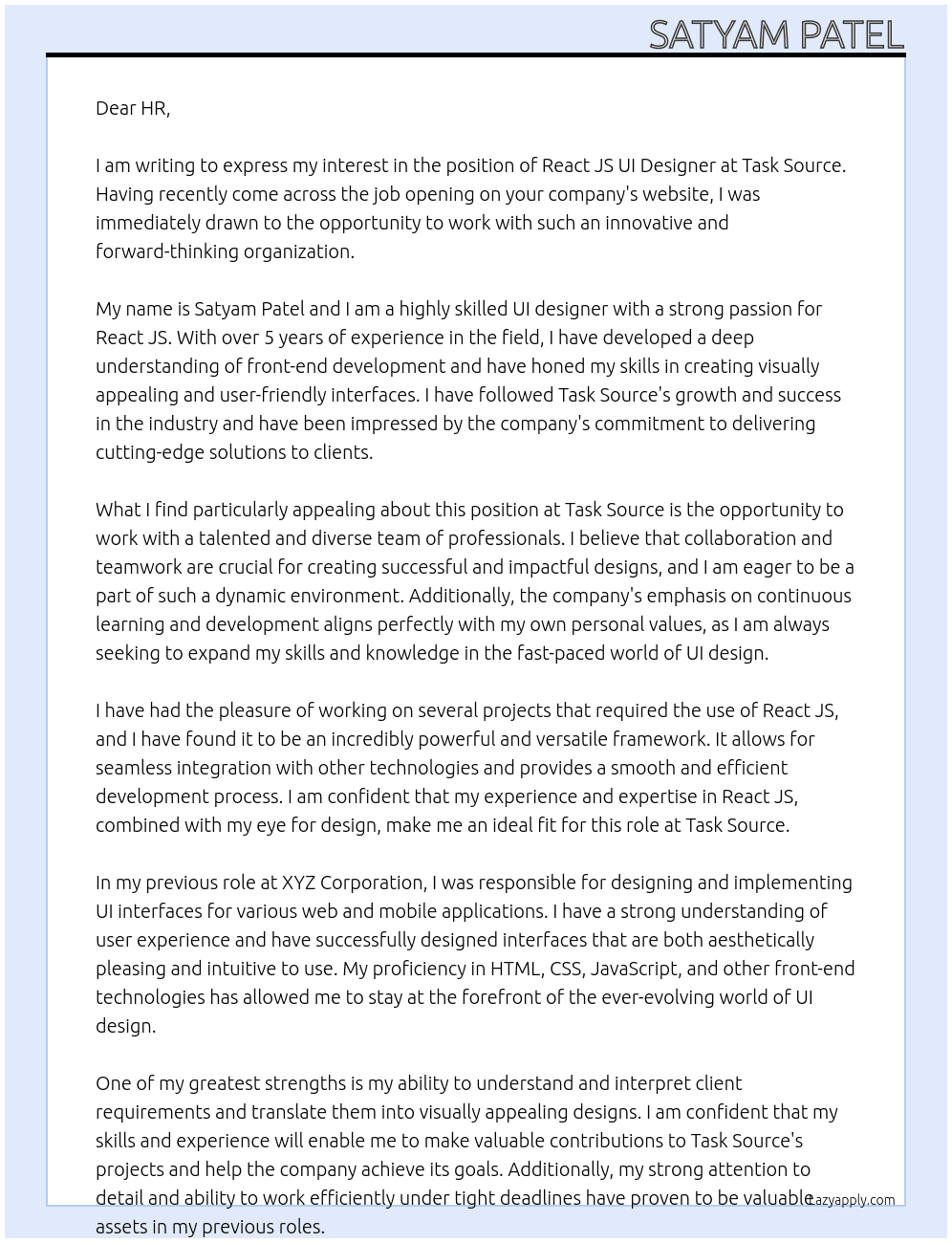 React JS UI Designer At Task Source Cover Letter
