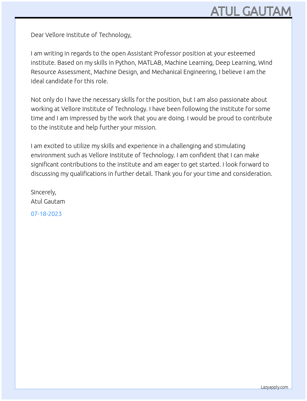 Professor At Vellore Institute of Technology, Bhopal Cover Letter