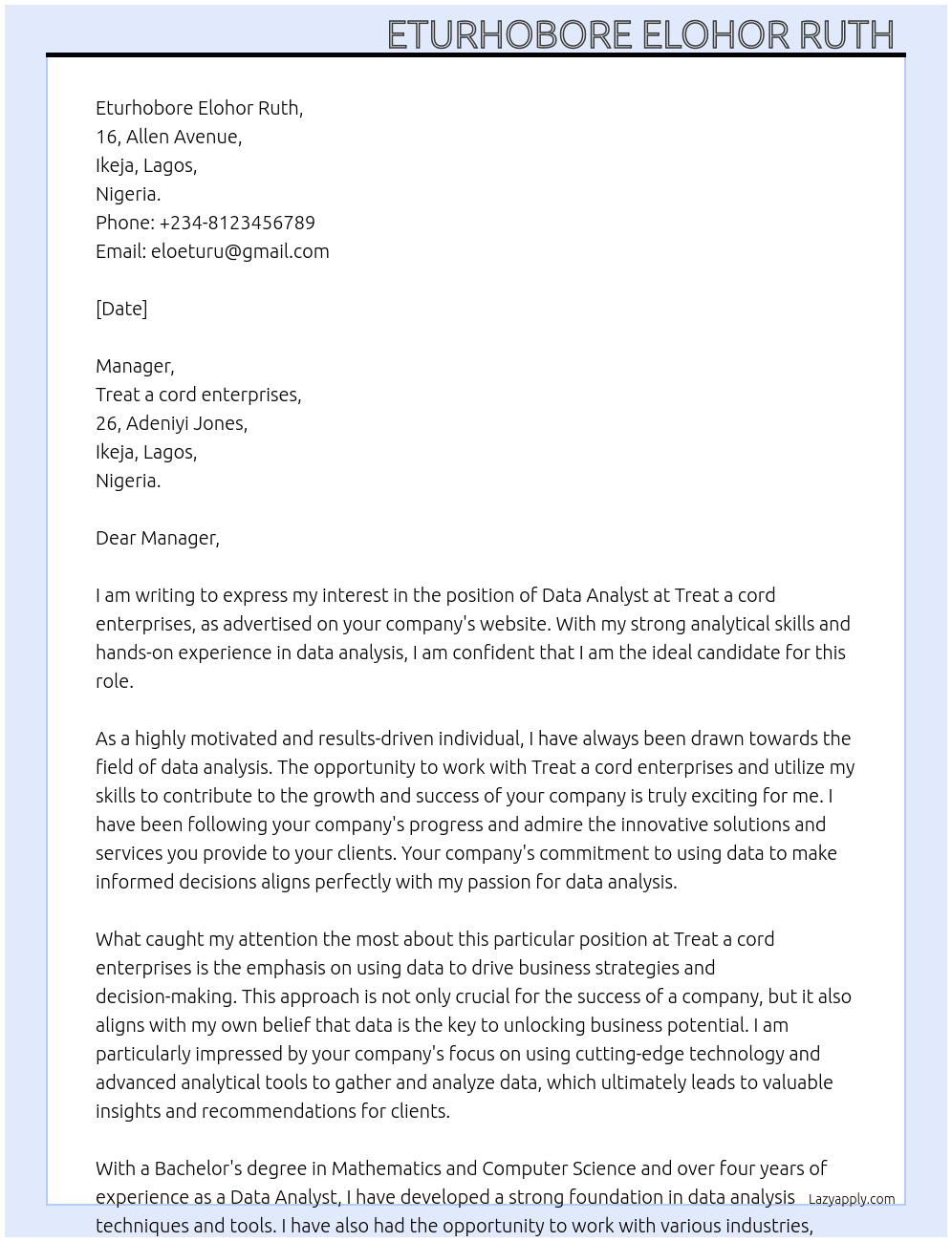 Data analyst  At Treat a cord enterprises  Cover Letter