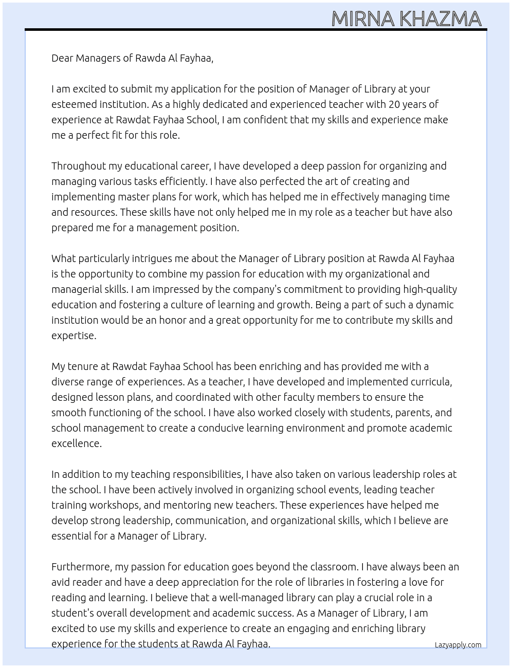 Manager of library  At Rawda Al Fayhaa Cover Letter