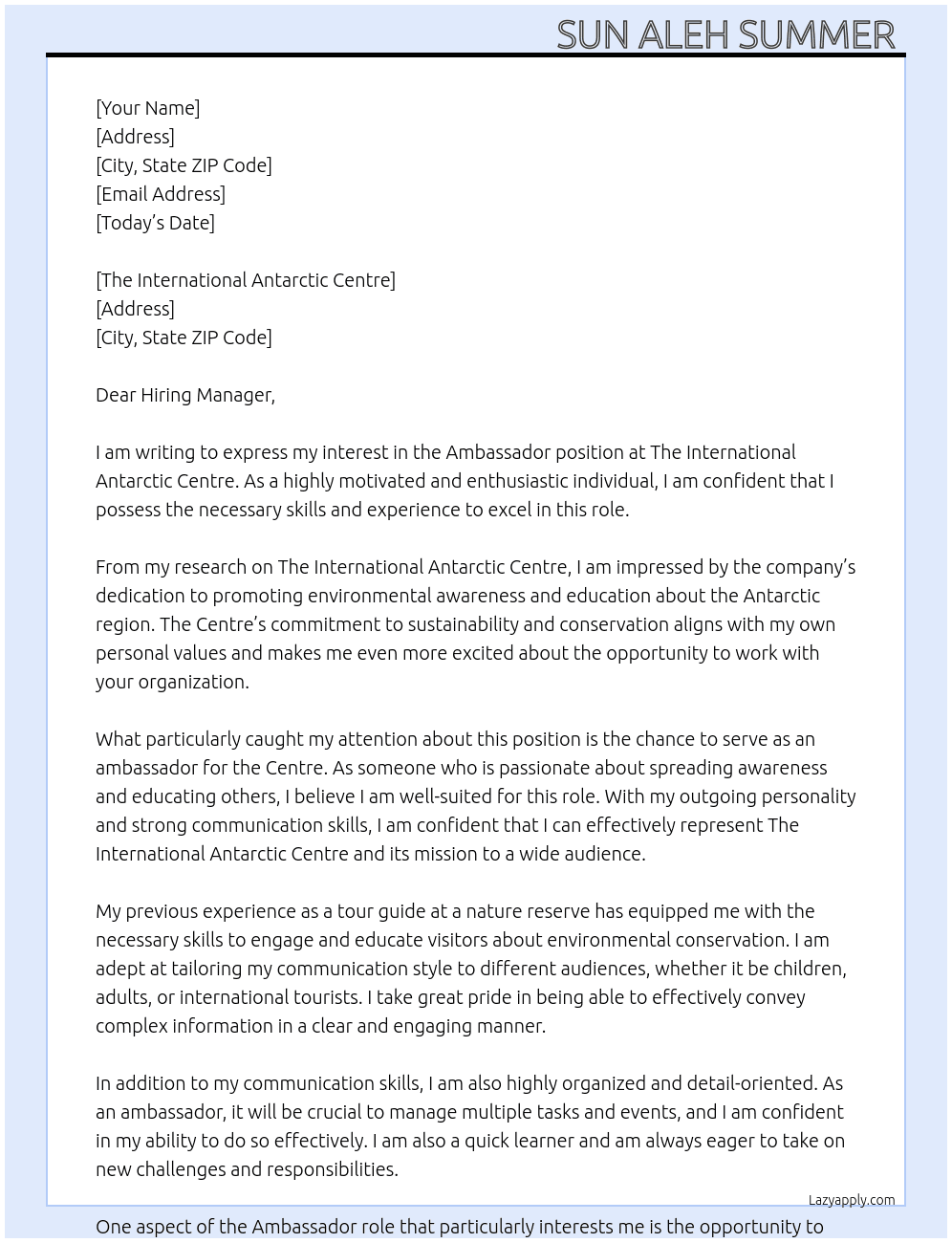 Ambassador At The International Antarctic Centre Cover Letter