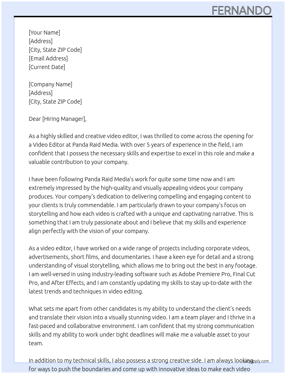 Video Editor At Panda Raid Media Cover Letter