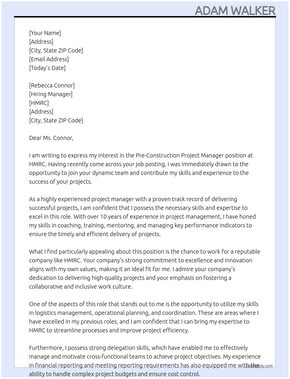 Pre-Construction Project Manager At HMRC Cover Letter