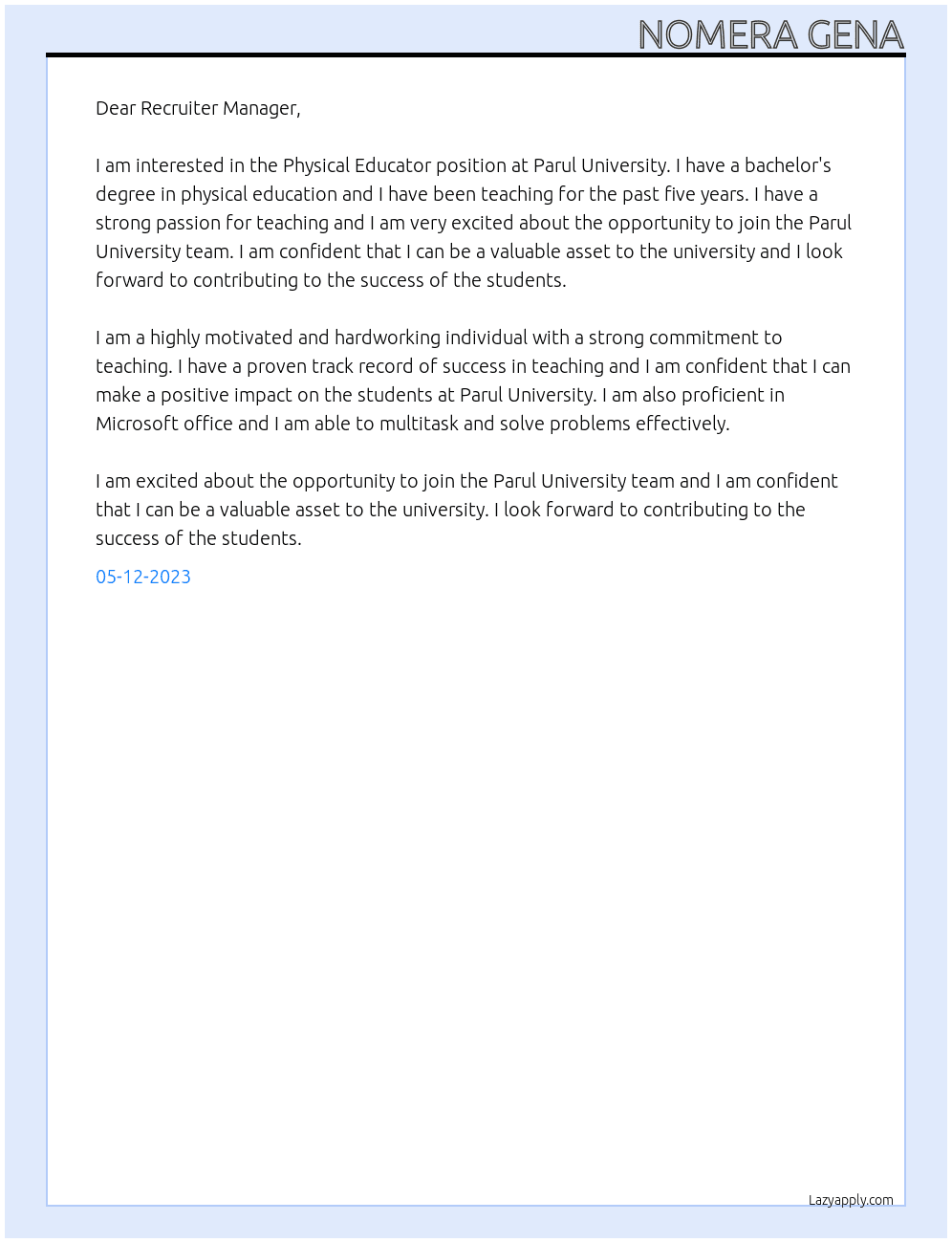 Physical Educator  At Parul University  Cover Letter