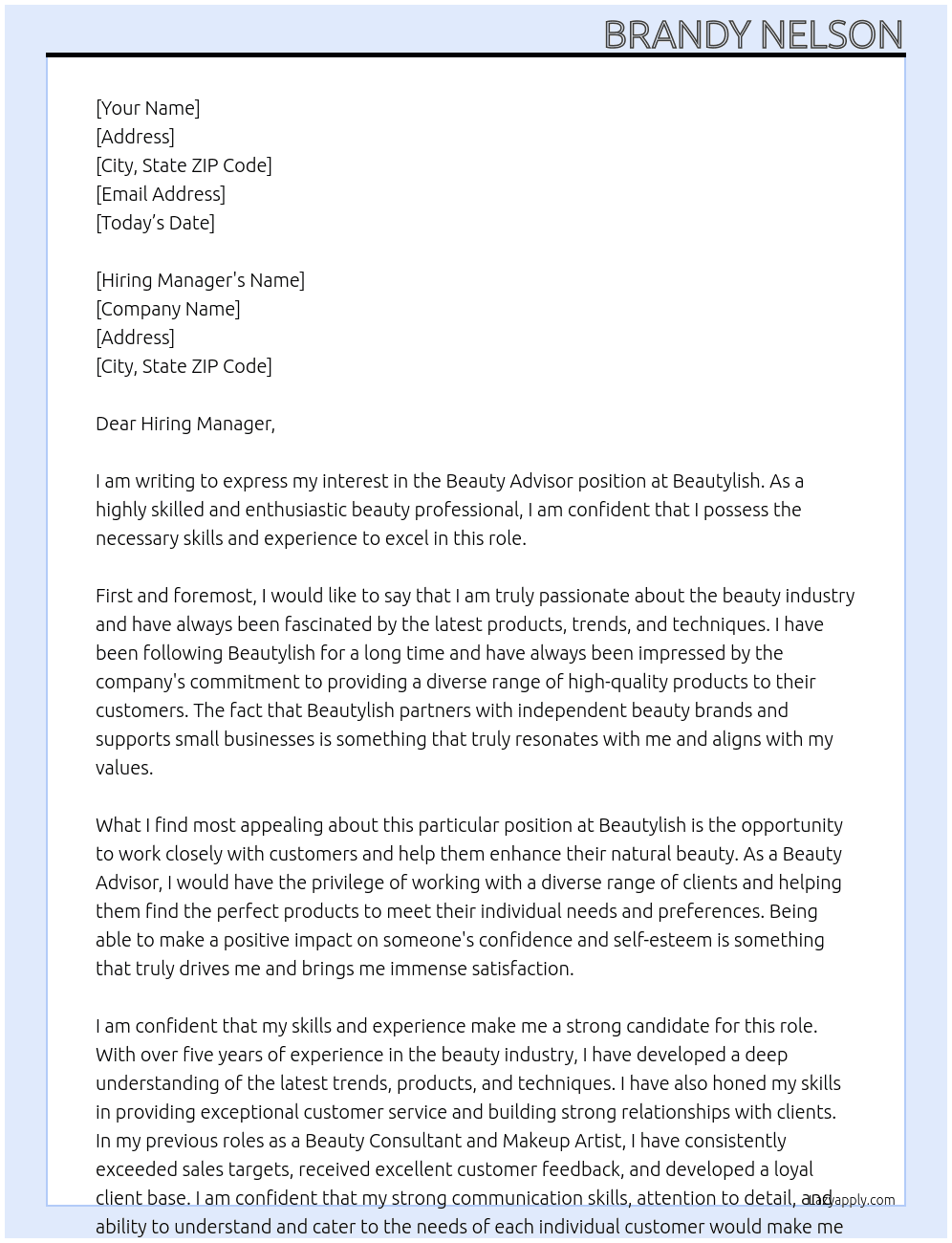 Beauty Advisor At Beautylish Cover Letter