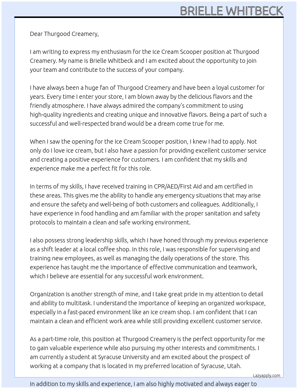 Ice Cream Scooper At Thurgood Creamery Cover Letter