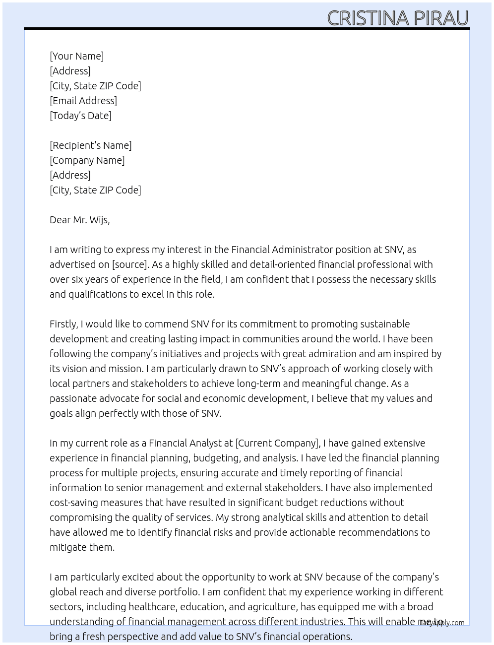 Financial Administrator At SNV Cover Letter