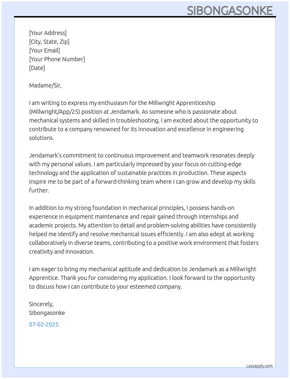 Millwright Apprenticeship (Millwright/App/25) At jendamark  Cover Letter