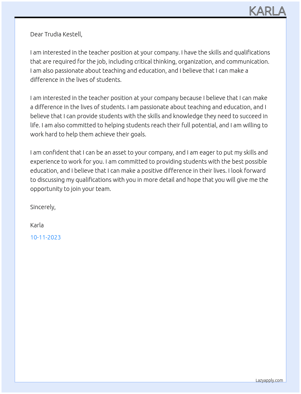 teacher At Trudia Kestell Cover Letter