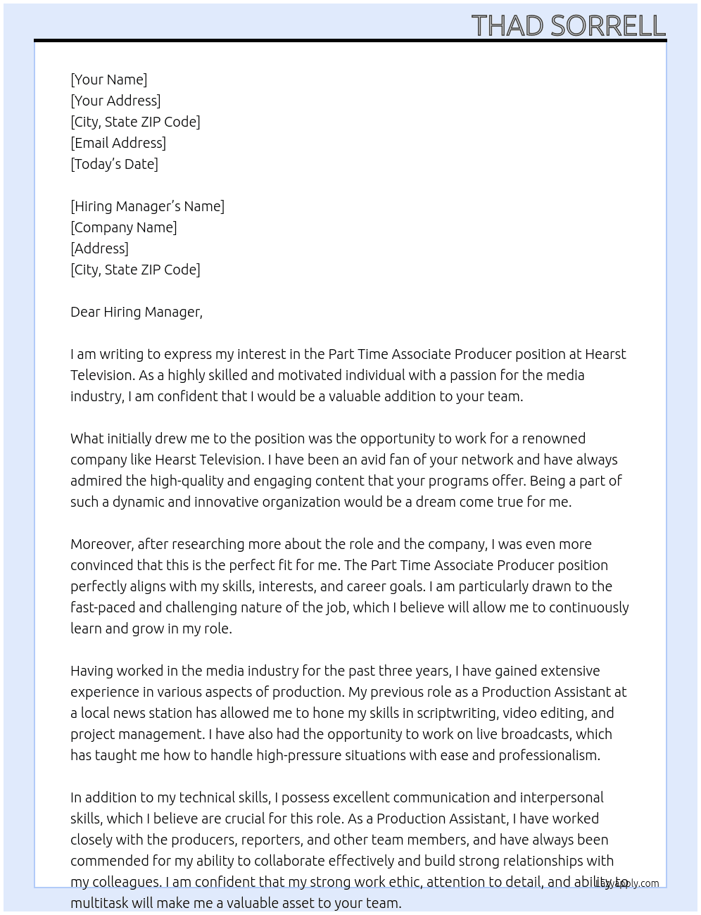 Part Time Associate Producer At Hearst Television Cover Letter