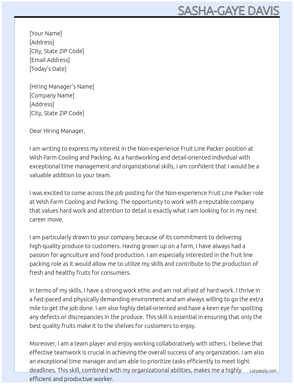 Non experience  fruit line packer At Wish Farm cooling and packing Cover Letter