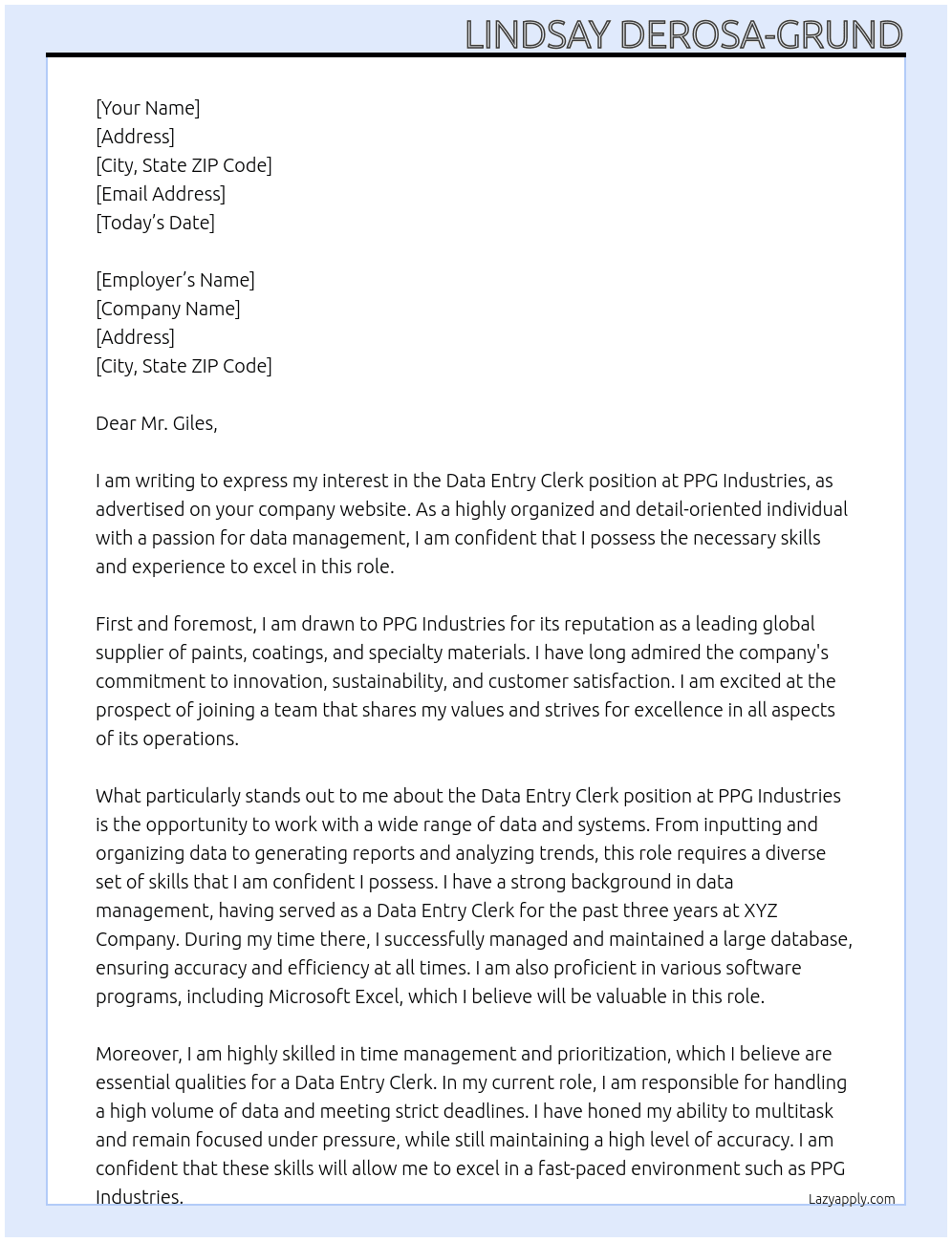 Data Entry Clerk At PPG Industries  Cover Letter