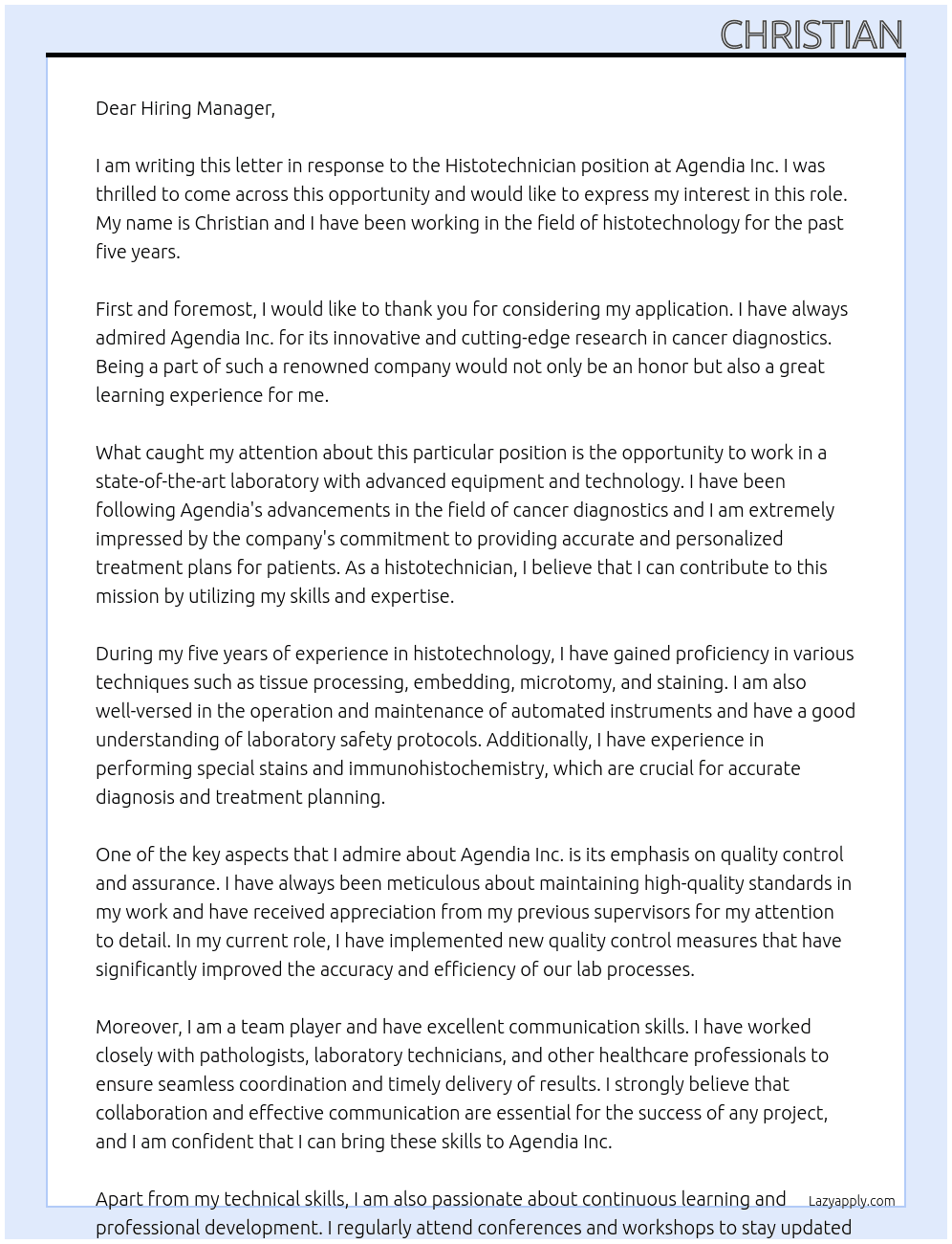 Histotechnician At Agendia inc Cover Letter